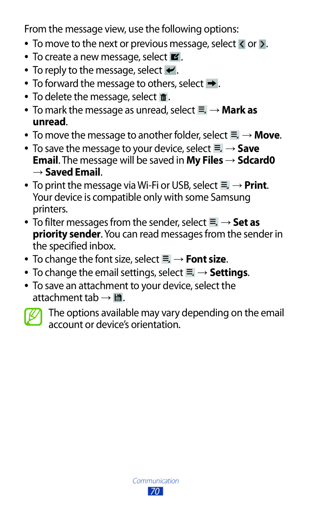 Samsung GT-P6800LSAKCL, GT-P6800LSAJED manual To mark the message as unread, select → Mark as unread, → Saved Email 