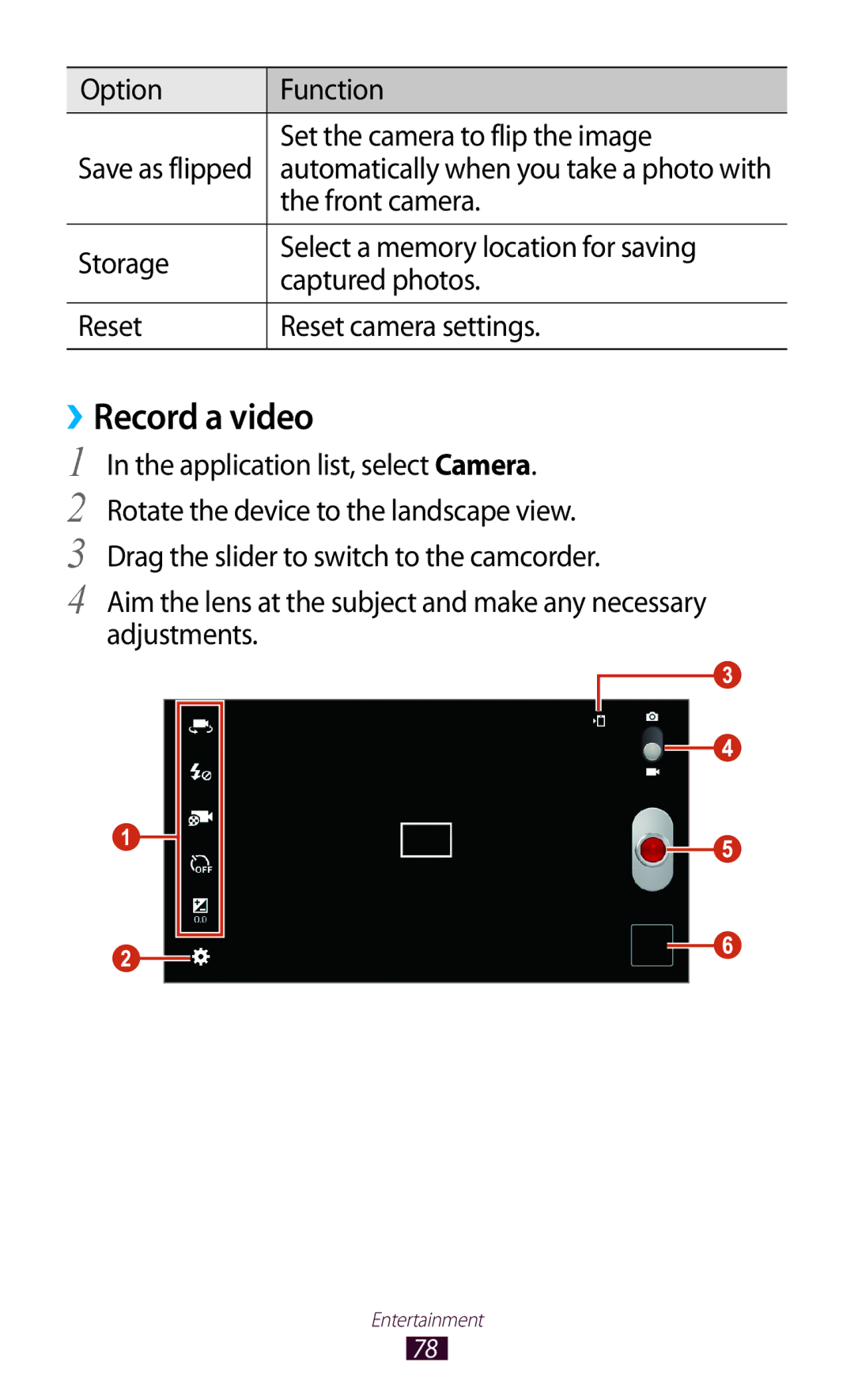 Samsung GT-P6800LSFTHR, GT-P6800LSAJED ››Record a video, Option Function Set the camera to flip the image, Front camera 