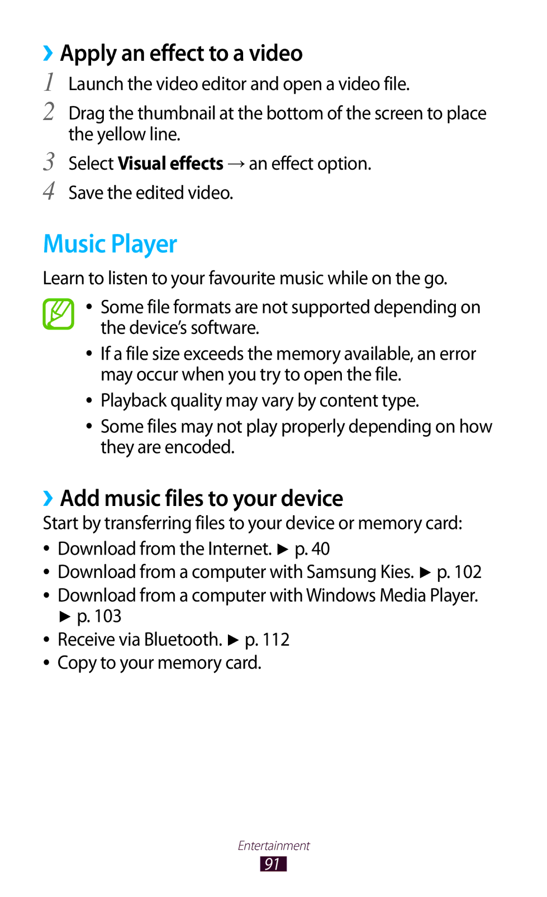 Samsung GT-P6800LSAXSG, GT-P6800LSAJED manual Music Player, ››Apply an effect to a video, ››Add music files to your device 