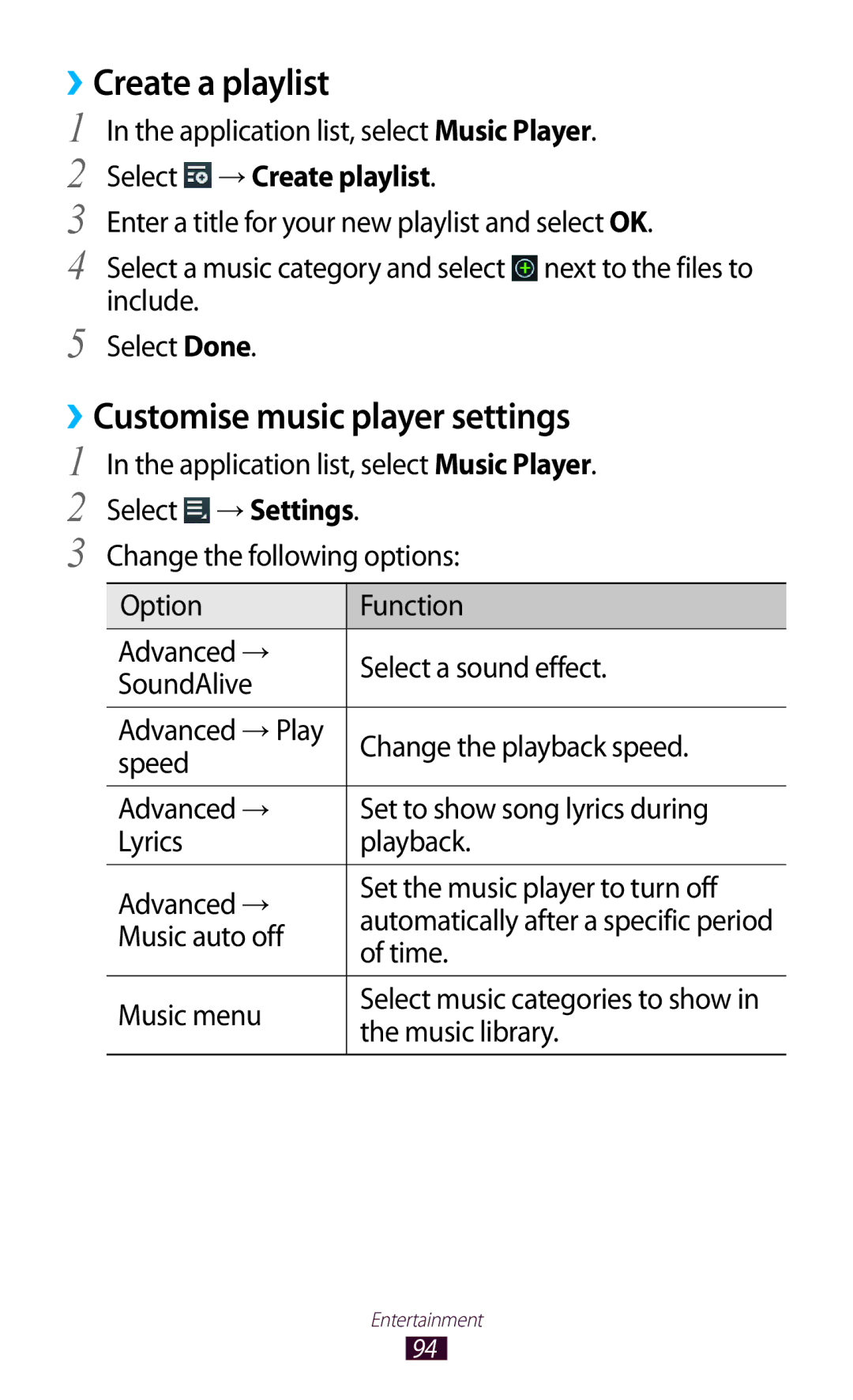 Samsung GT-P6800LSAMID, GT-P6800LSAJED manual Create a playlist, ››Customise music player settings, Select → Create playlist 