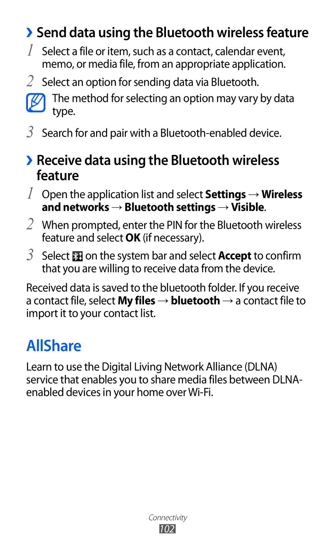 Samsung GT-P6800LSAJED, GT-P6800LSAEGY, GT-P6800LSATUN manual AllShare, ››Receive data using the Bluetooth wireless feature 