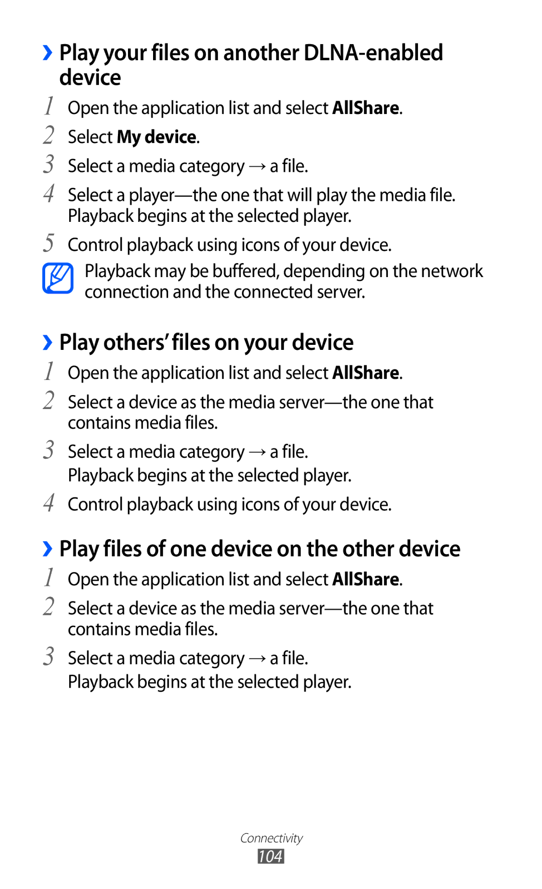 Samsung GT-P6800LSATUN manual ››Play your files on another DLNA-enabled device, ››Play others’files on your device 