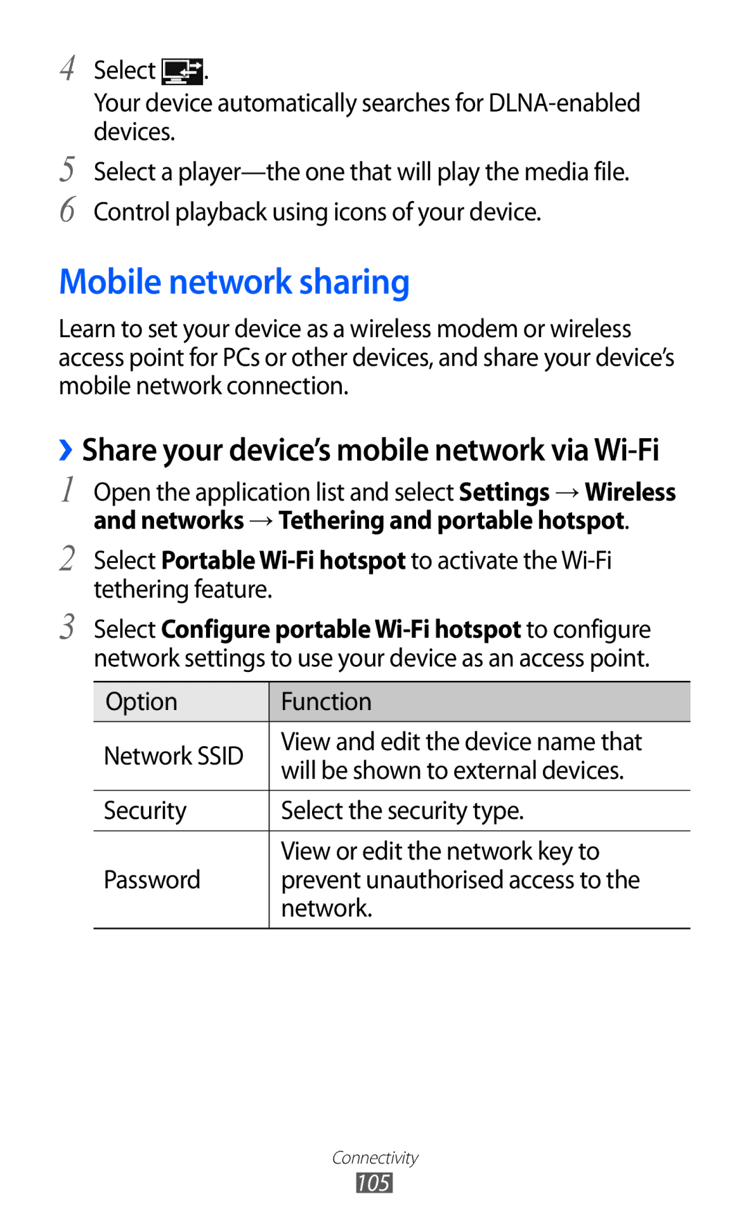 Samsung GT-P6800LSAKCL, GT-P6800LSAJED manual Mobile network sharing, ››Share your device’s mobile network via Wi-Fi 