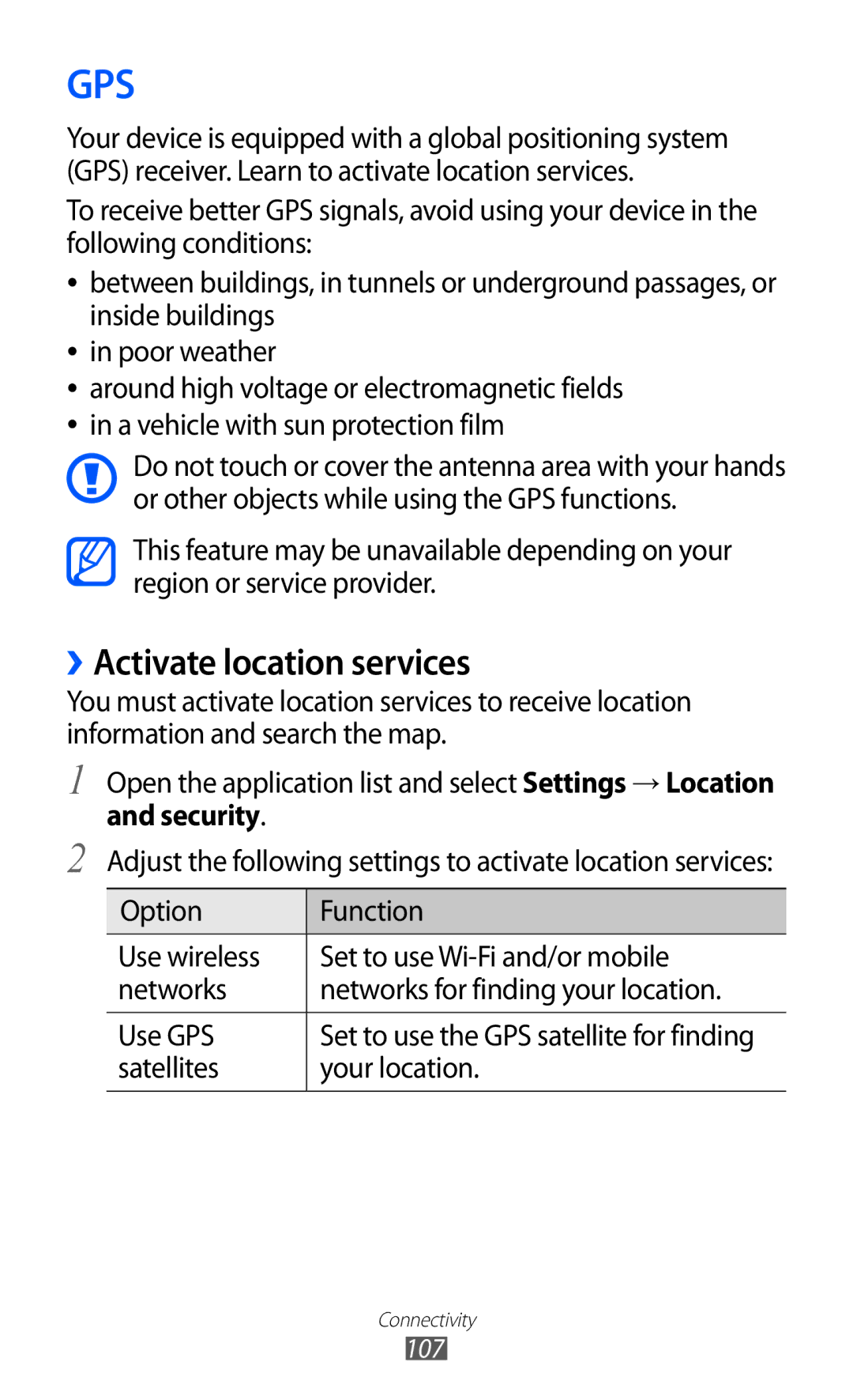 Samsung GT-P6800LSATMC, GT-P6800LSAJED, GT-P6800LSAEGY, GT-P6800LSATUN, GT-P6800LSAKCL manual Gps, ››Activate location services 