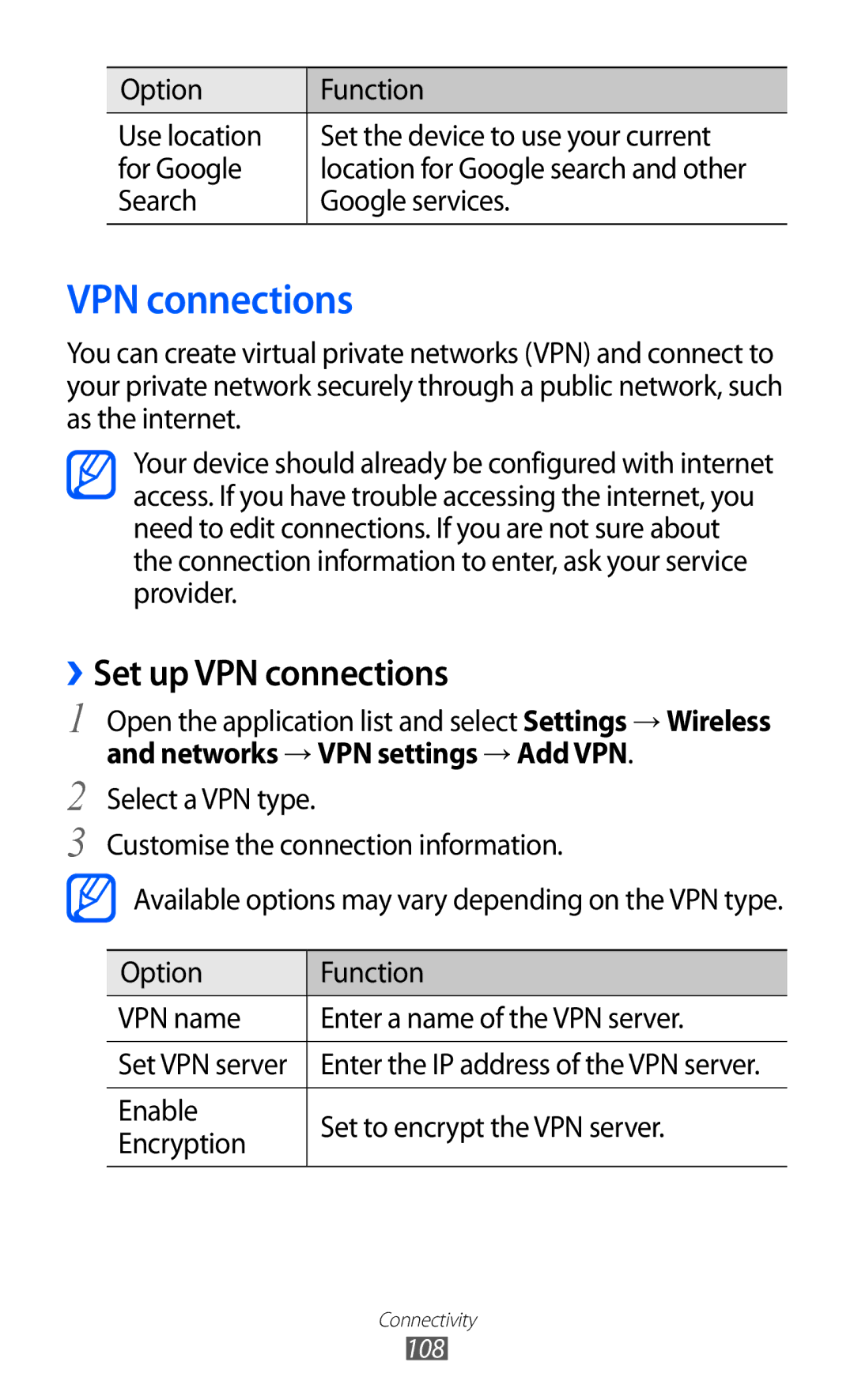 Samsung GT-P6800LSASKZ, GT-P6800LSAJED, GT-P6800LSAEGY, GT-P6800LSATUN, GT-P6800LSAKCL manual ››Set up VPN connections 