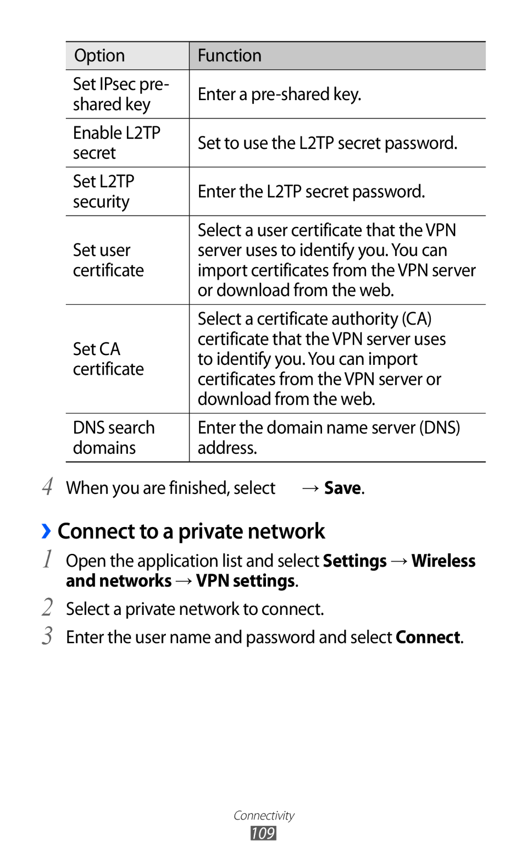 Samsung GT-P6800LSAXSG, GT-P6800LSAJED, GT-P6800LSAEGY manual ››Connect to a private network, Networks → VPN settings 