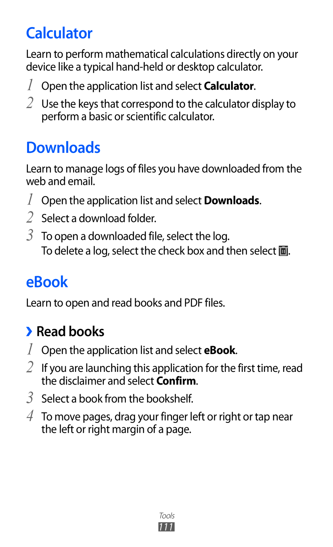 Samsung GT-P6800LSEJED, GT-P6800LSAJED, GT-P6800LSAEGY, GT-P6800LSATUN manual Calculator, Downloads, EBook, ››Read books 