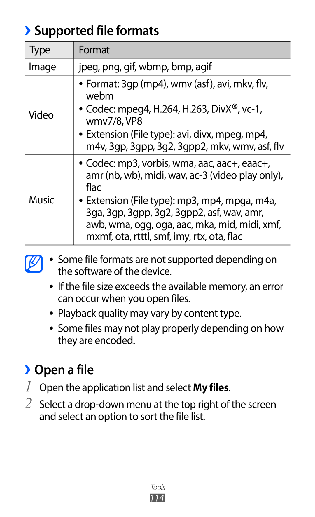 Samsung GT-P6800LSETHR, GT-P6800LSAJED, GT-P6800LSAEGY, GT-P6800LSATUN, GT-P6800LSAKCL Supported file formats, ››Open a file 