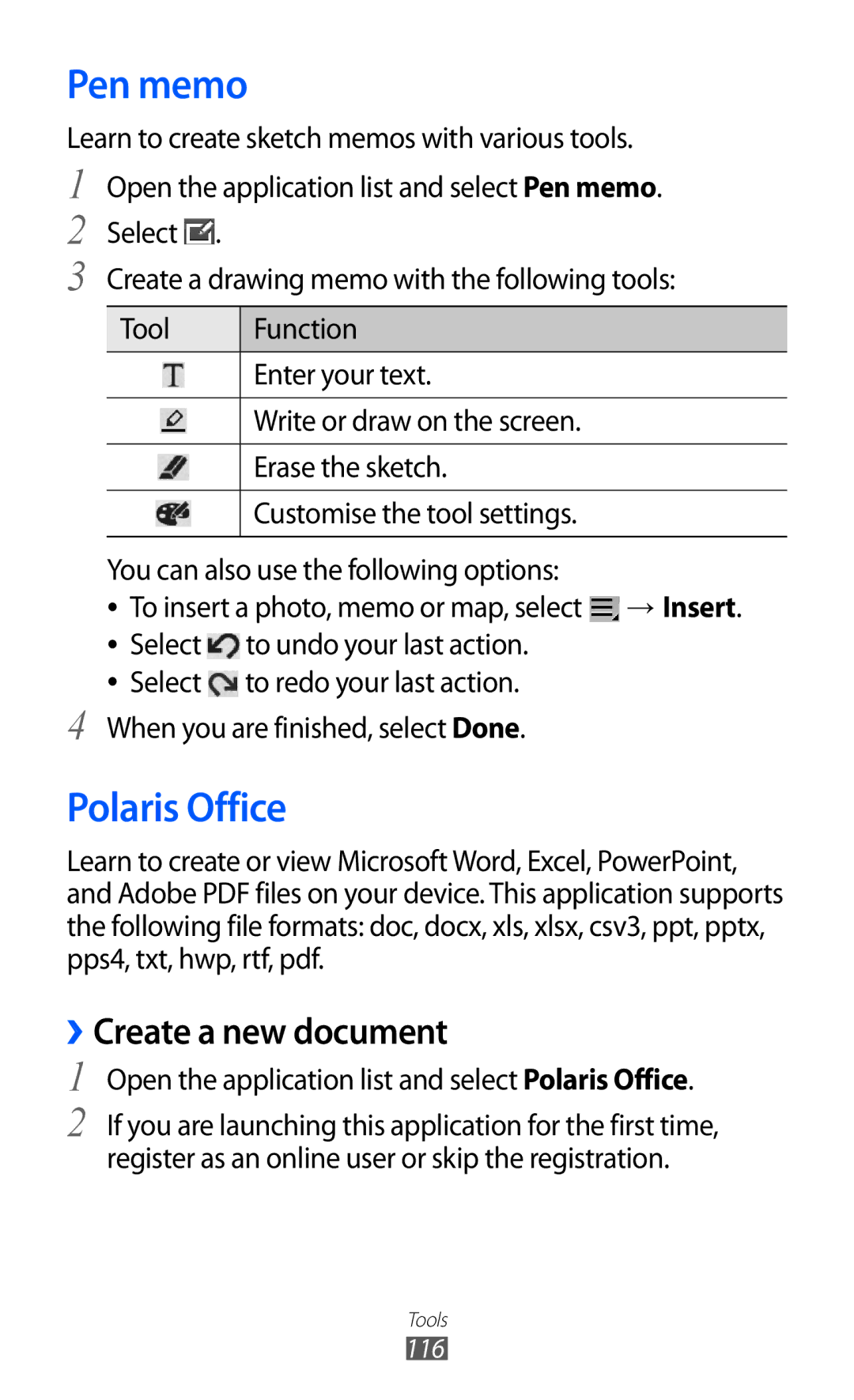 Samsung GT-P6800LSAKSA, GT-P6800LSAJED, GT-P6800LSAEGY, GT-P6800LSATUN Pen memo, Polaris Office, ››Create a new document 