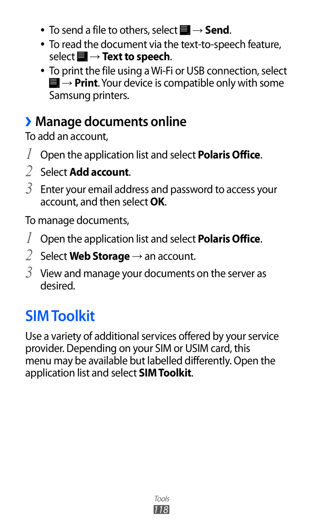 Samsung GT-P6800LSAXEV, GT-P6800LSAJED, GT-P6800LSAEGY manual SIM Toolkit, ››Manage documents online, Select Add account 