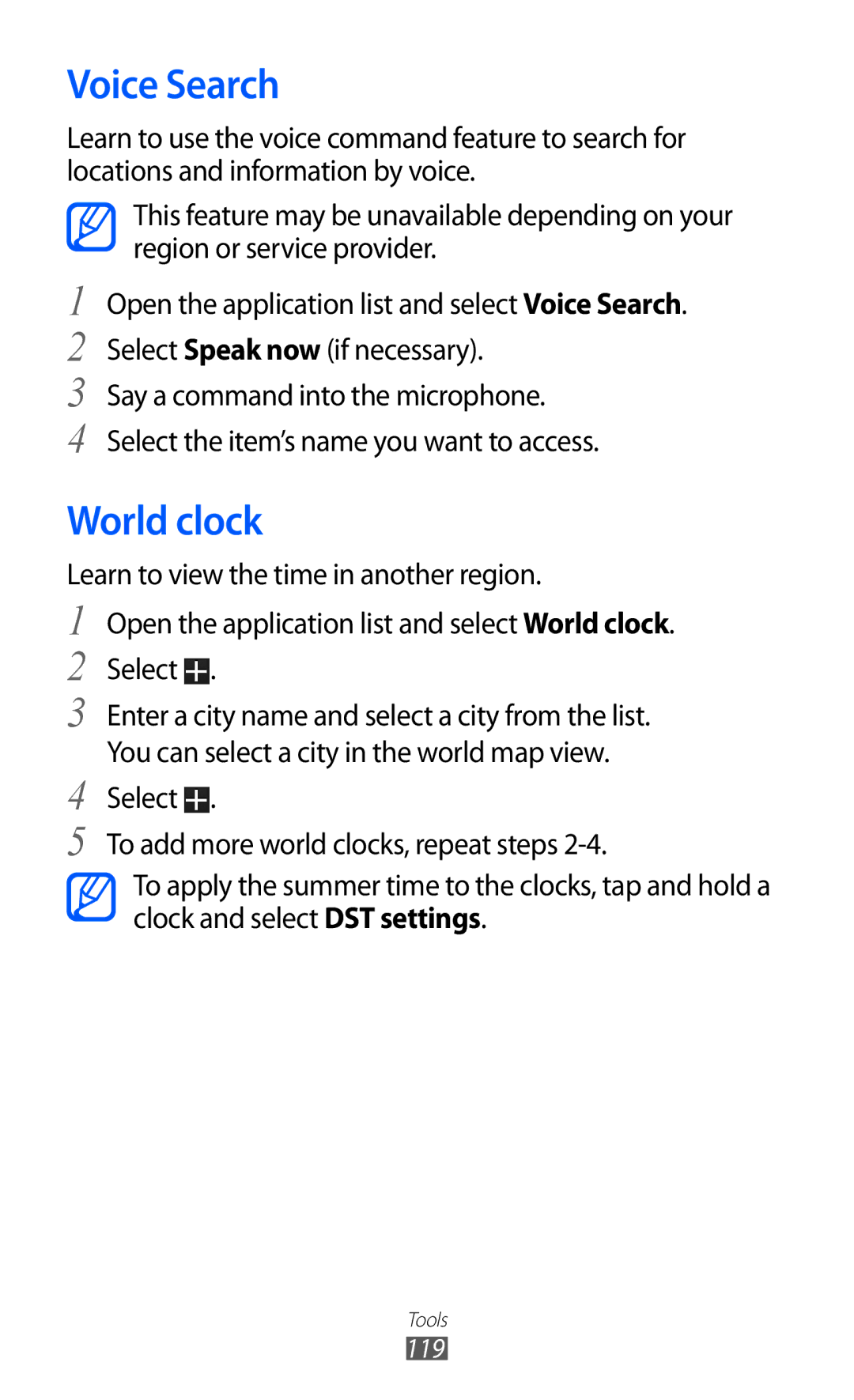 Samsung GT-P6800LSAJED, GT-P6800LSAEGY, GT-P6800LSATUN, GT-P6800LSAKCL, GT-P6800LSATHR manual Voice Search, World clock 