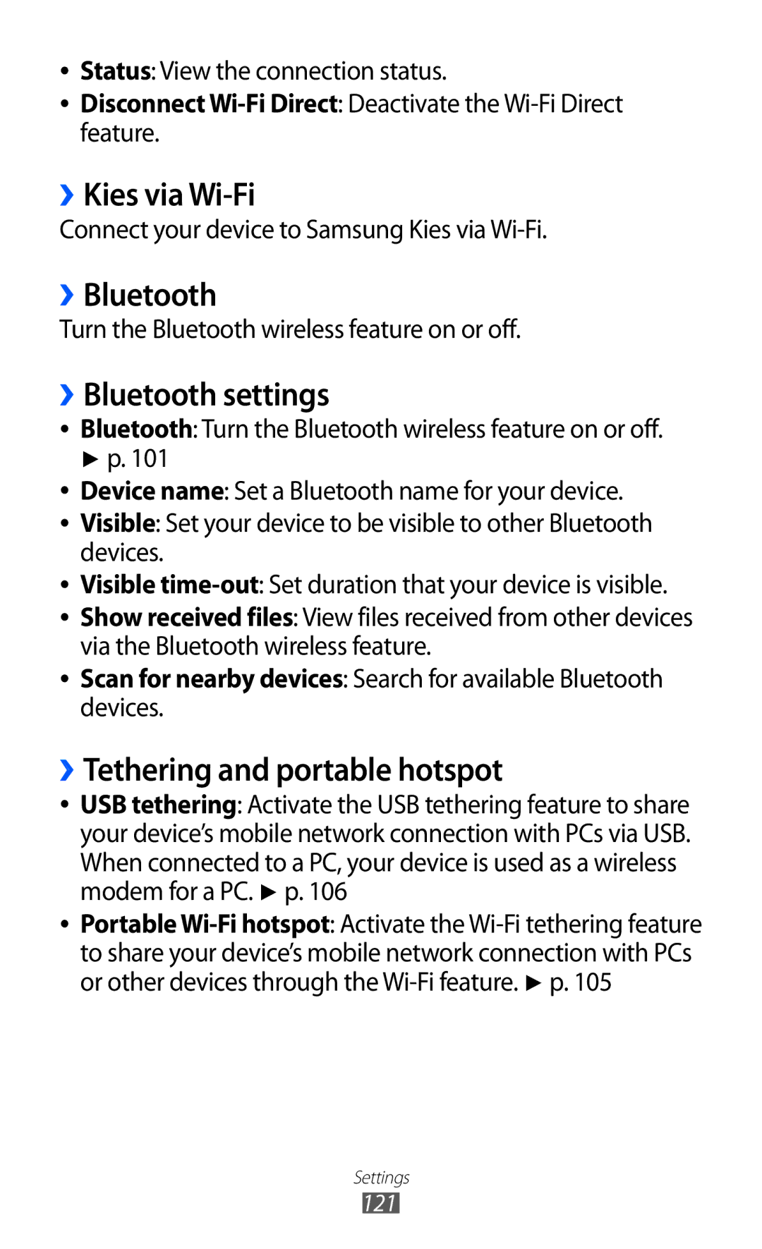 Samsung GT-P6800LSATUN, GT-P6800LSAJED manual ››Kies via Wi-Fi, ››Bluetooth settings, ››Tethering and portable hotspot 