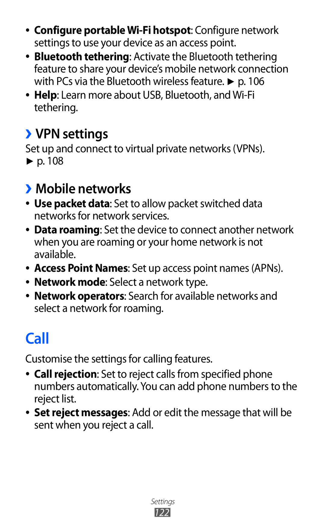 Samsung GT-P6800LSAKCL, GT-P6800LSAJED, GT-P6800LSAEGY, GT-P6800LSATUN manual Call, ››VPN settings, ››Mobile networks 