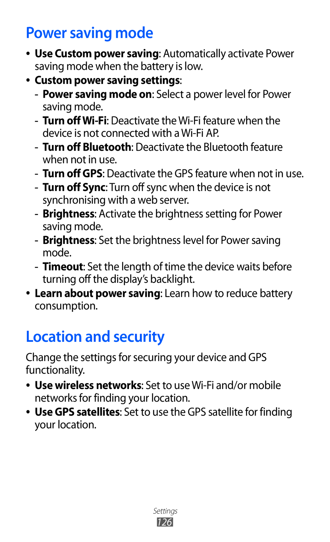 Samsung GT-P6800LSAXSG, GT-P6800LSAJED manual Power saving mode, Location and security, Custom power saving settings 