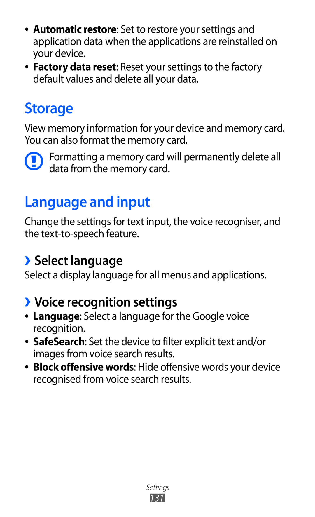 Samsung GT-P6800LSETHR, GT-P6800LSAJED manual Storage, Language and input, ››Select language, ››Voice recognition settings 