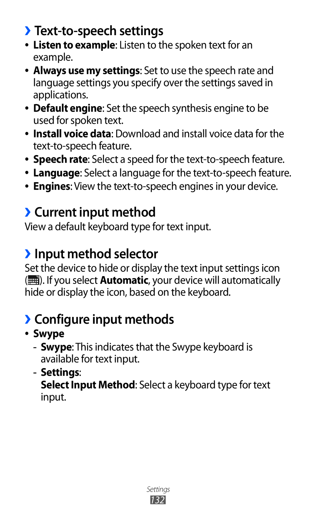 Samsung GT-P6800LSEKSA, GT-P6800LSAJED manual ››Text-to-speech settings, ››Current input method, ››Input method selector 