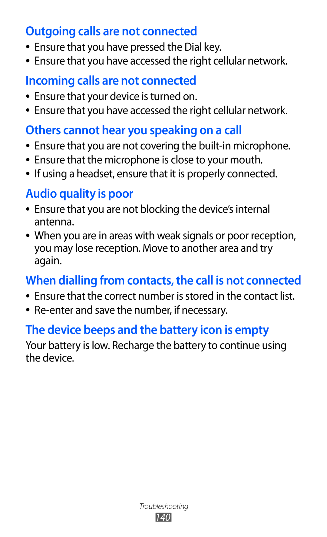 Samsung GT-P6800LSATHR, GT-P6800LSAJED, GT-P6800LSAEGY, GT-P6800LSATUN manual Device beeps and the battery icon is empty 