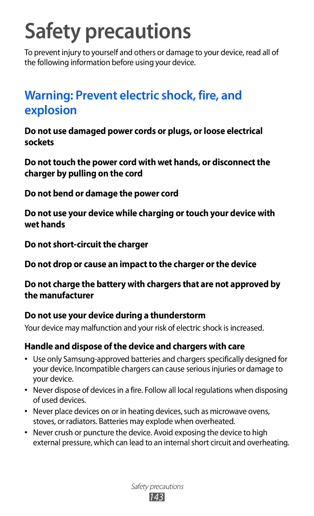 Samsung GT-P6800LSAXSG, GT-P6800LSAJED manual Safety precautions, Handle and dispose of the device and chargers with care 