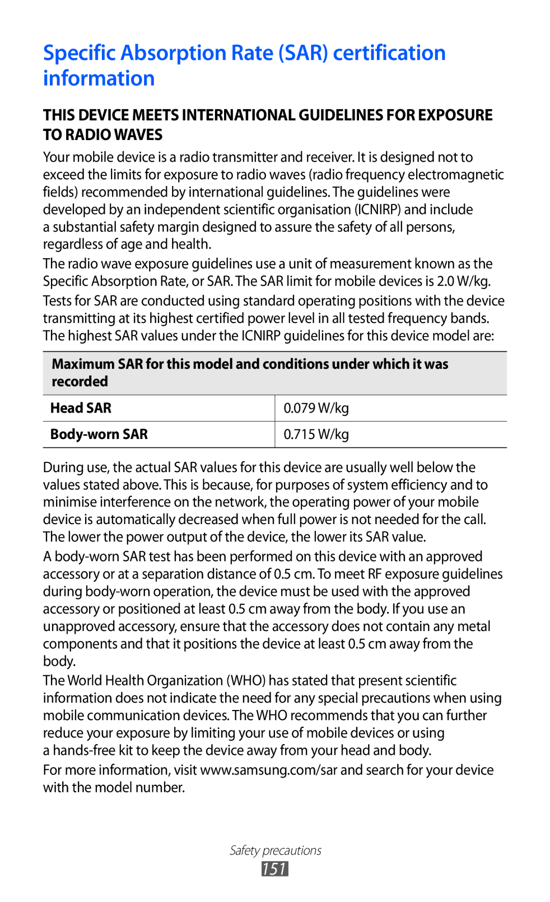 Samsung GT-P6800LSAXXV, GT-P6800LSAJED, GT-P6800LSAEGY manual Specific Absorption Rate SAR certification information 