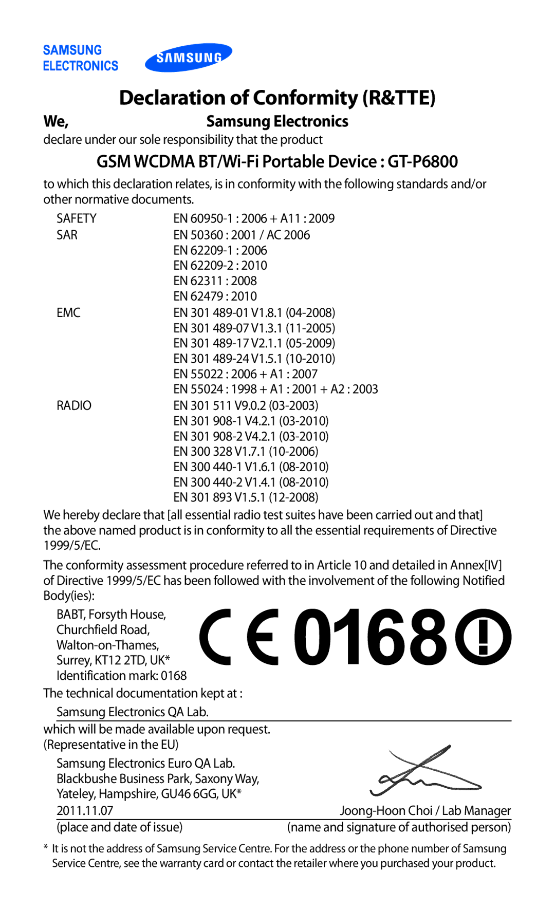 Samsung GT-P6800LSATHR, GT-P6800LSAJED manual Declaration of Conformity R&TTE, GSM Wcdma BT/Wi-Fi Portable Device GT-P6800 