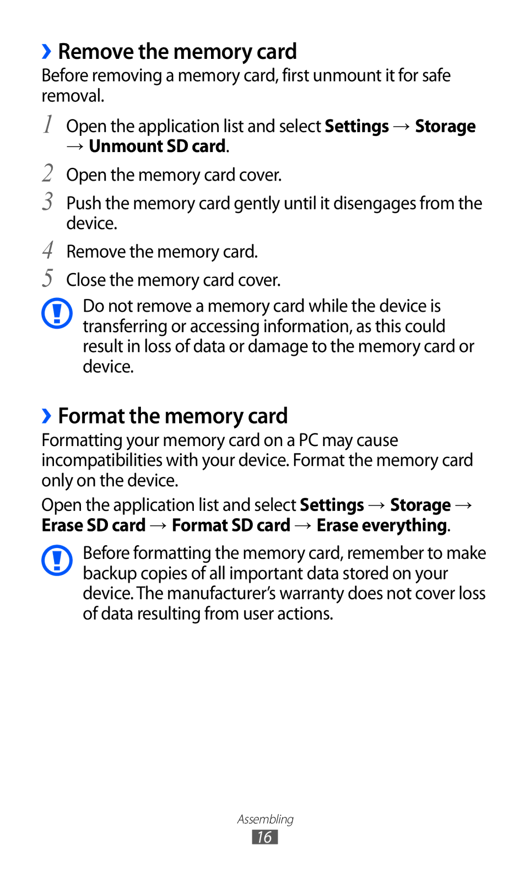 Samsung GT-P6800LSAXEV, GT-P6800LSAJED manual ››Remove the memory card, ››Format the memory card, → Unmount SD card 