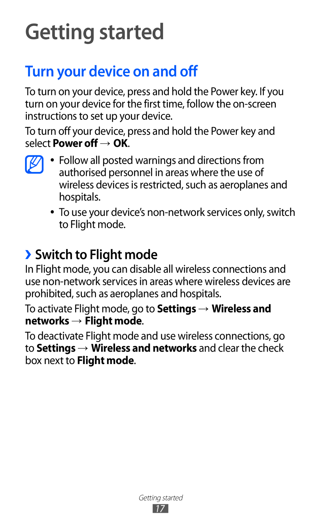 Samsung GT-P6800LSAJED, GT-P6800LSAEGY manual Getting started, Turn your device on and off, ››Switch to Flight mode 