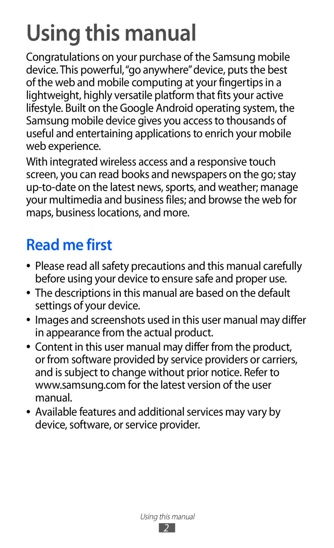 Samsung GT-P6800LSATUN, GT-P6800LSAJED, GT-P6800LSAEGY, GT-P6800LSAKCL, GT-P6800LSATHR Using this manual, Read me first 