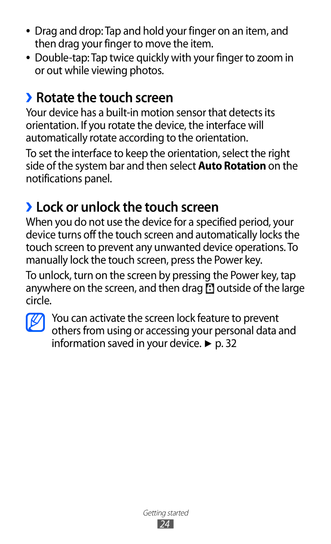 Samsung GT-P6800LSAXSG, GT-P6800LSAJED, GT-P6800LSAEGY manual ››Rotate the touch screen, ››Lock or unlock the touch screen 