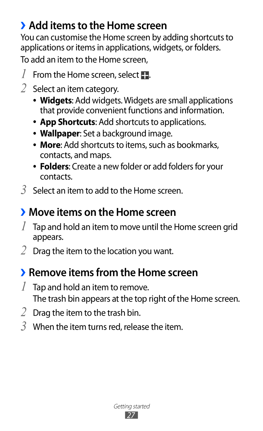 Samsung GT-P6800LSAMID, GT-P6800LSAJED, GT-P6800LSAEGY manual ››Add items to the Home screen, ››Move items on the Home screen 