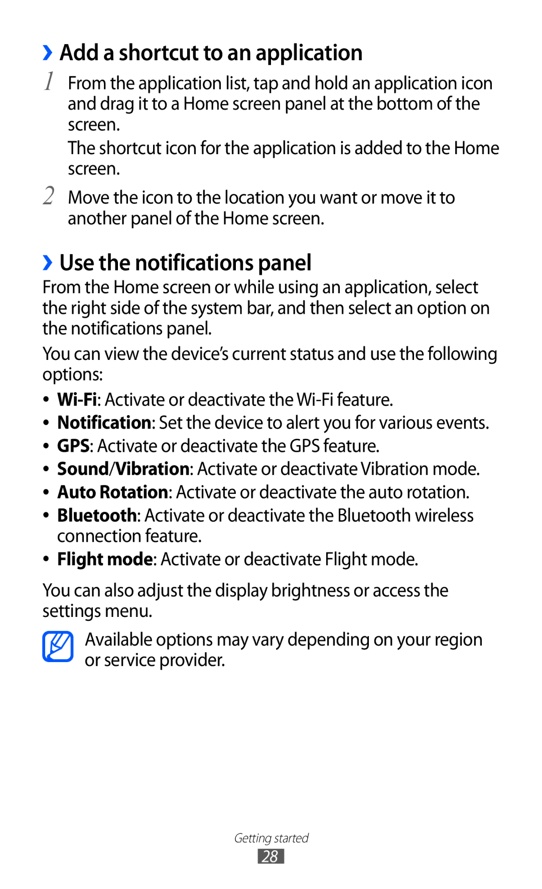 Samsung GT-P6800LSFTHR, GT-P6800LSAJED, GT-P6800LSAEGY ››Add a shortcut to an application, ››Use the notifications panel 