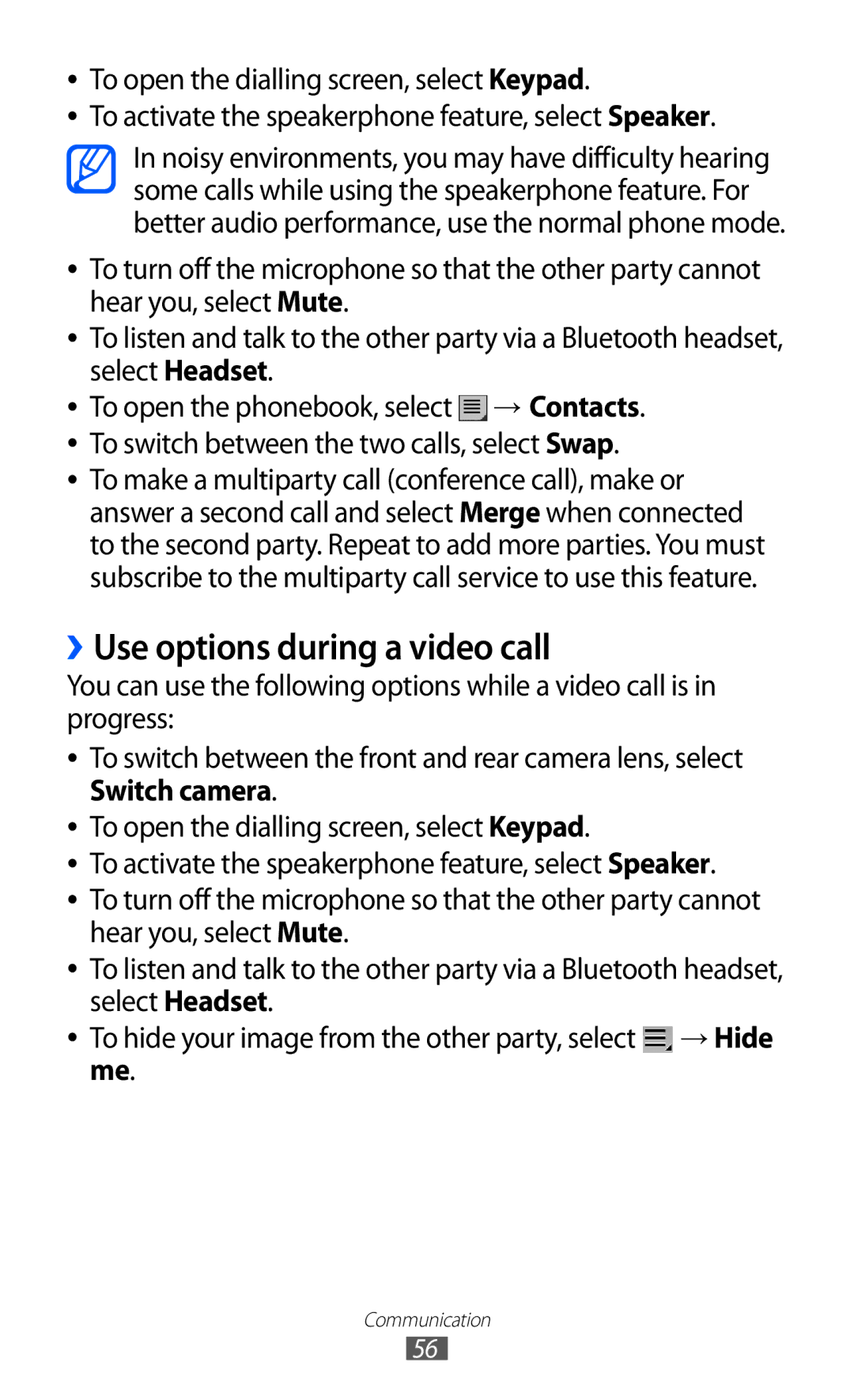 Samsung GT-P6800LSATMC, GT-P6800LSAJED, GT-P6800LSAEGY, GT-P6800LSATUN, GT-P6800LSAKCL manual ››Use options during a video call 