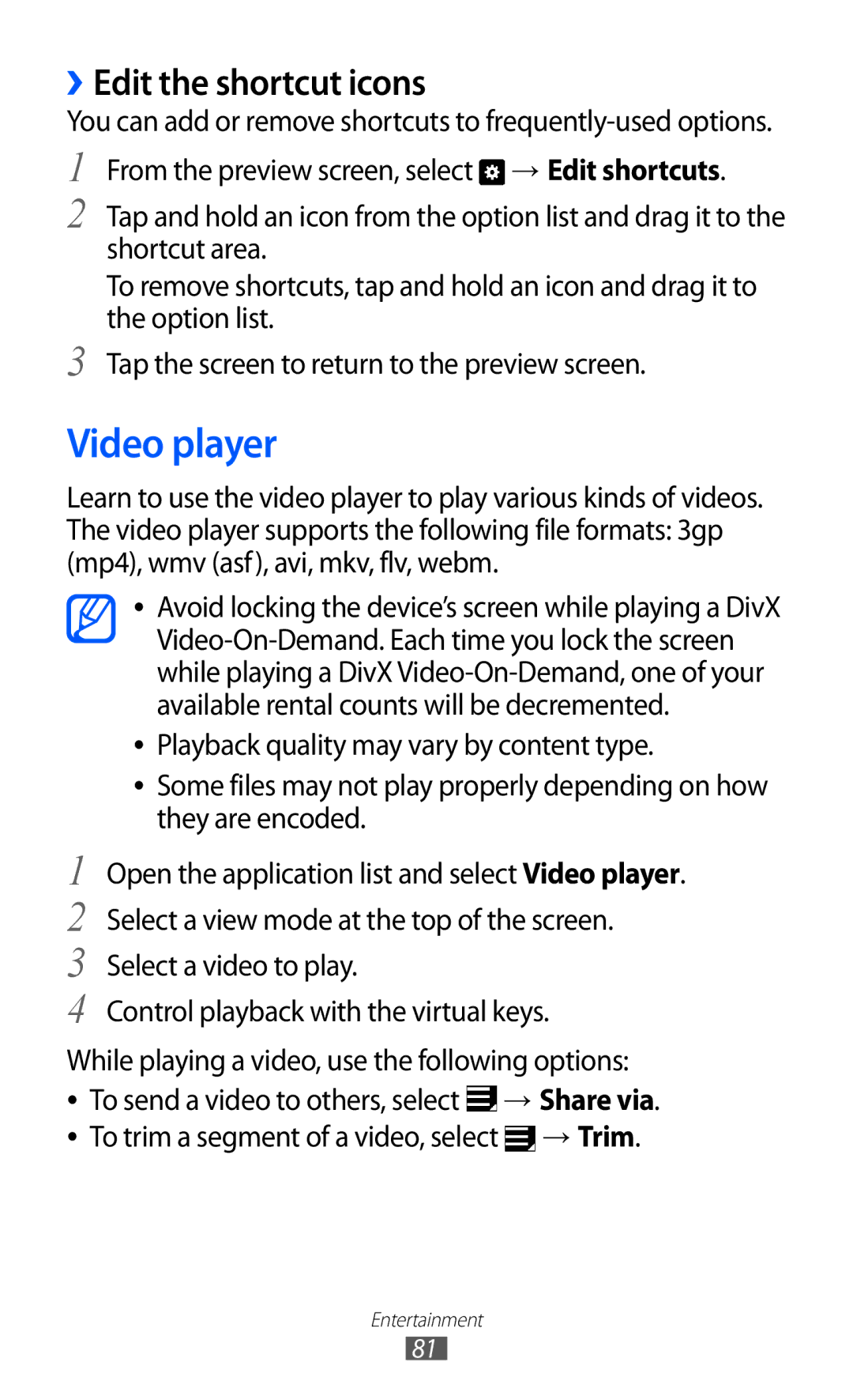 Samsung GT-P6800LSEKSA, GT-P6800LSAJED, GT-P6800LSAEGY, GT-P6800LSATUN manual Video player, ››Edit the shortcut icons 