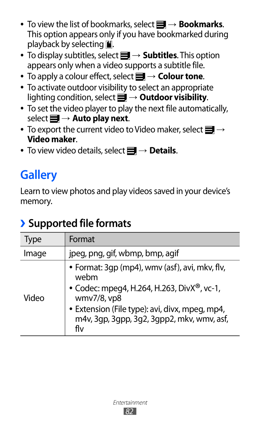 Samsung GT-P6800LSAKSA, GT-P6800LSAJED, GT-P6800LSAEGY, GT-P6800LSATUN, GT-P6800LSAKCL manual Gallery, Supported file formats 