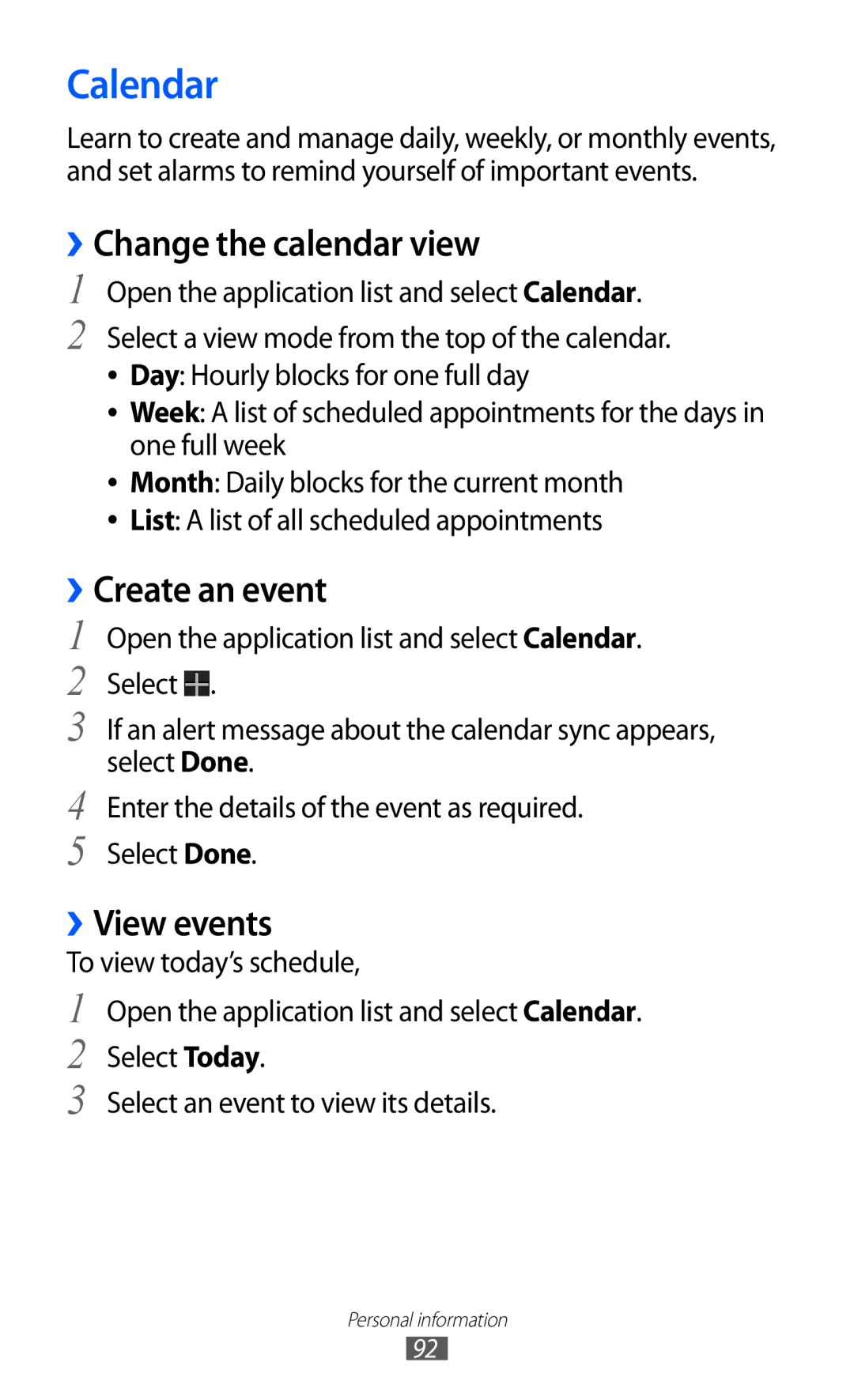 Samsung GT-P6800LSAXSG, GT-P6800LSAJED manual Calendar, ››Change the calendar view, ››Create an event, ››View events 