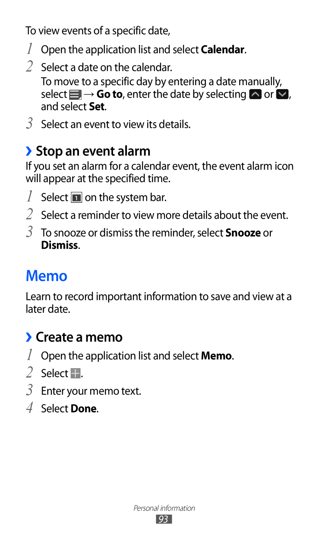 Samsung GT-P6800LSEXSG, GT-P6800LSAJED, GT-P6800LSAEGY, GT-P6800LSATUN Memo, ››Stop an event alarm, ››Create a memo, Dismiss 