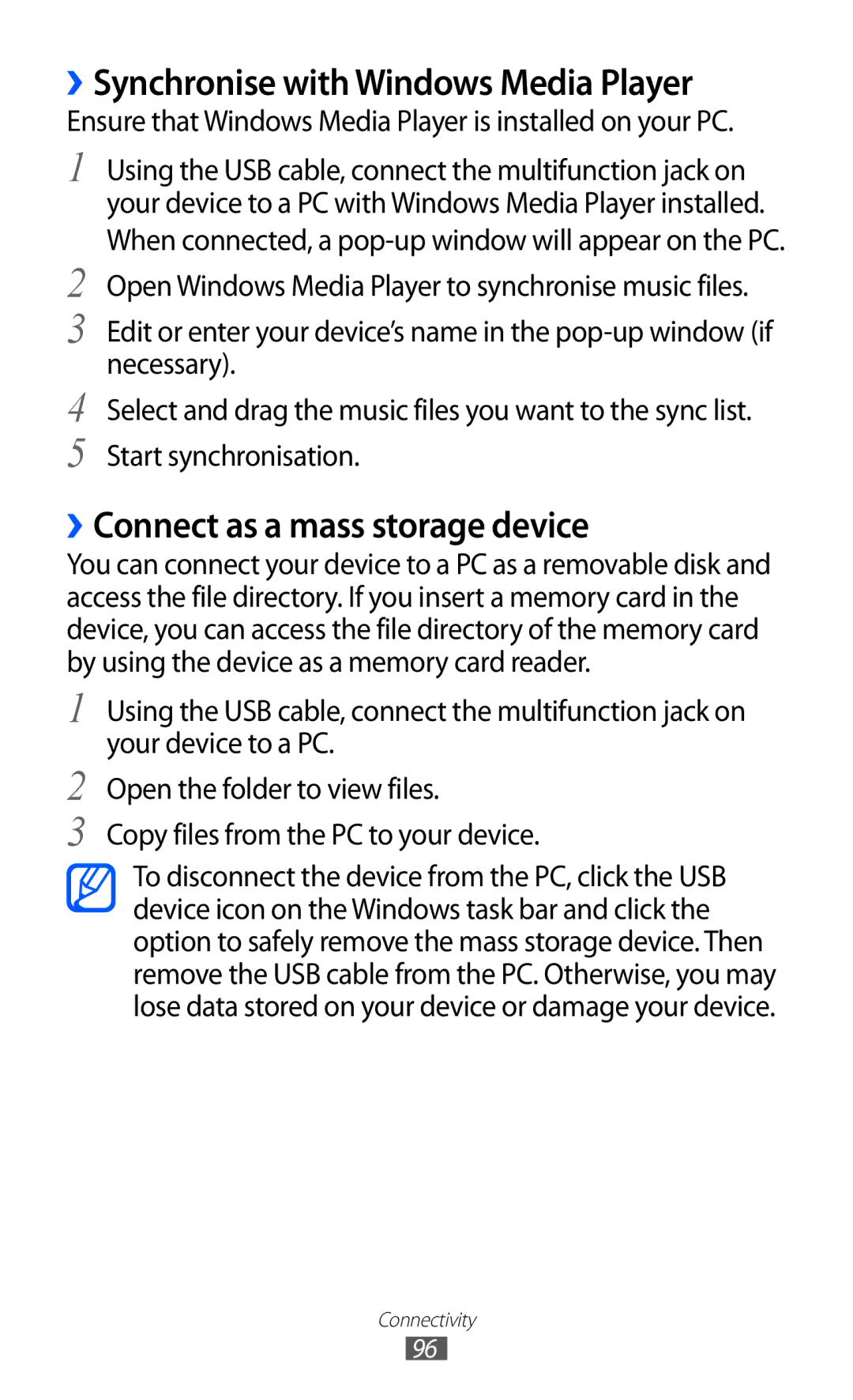 Samsung GT-P6800LSFTHR, GT-P6800LSAJED manual ››Synchronise with Windows Media Player, ››Connect as a mass storage device 