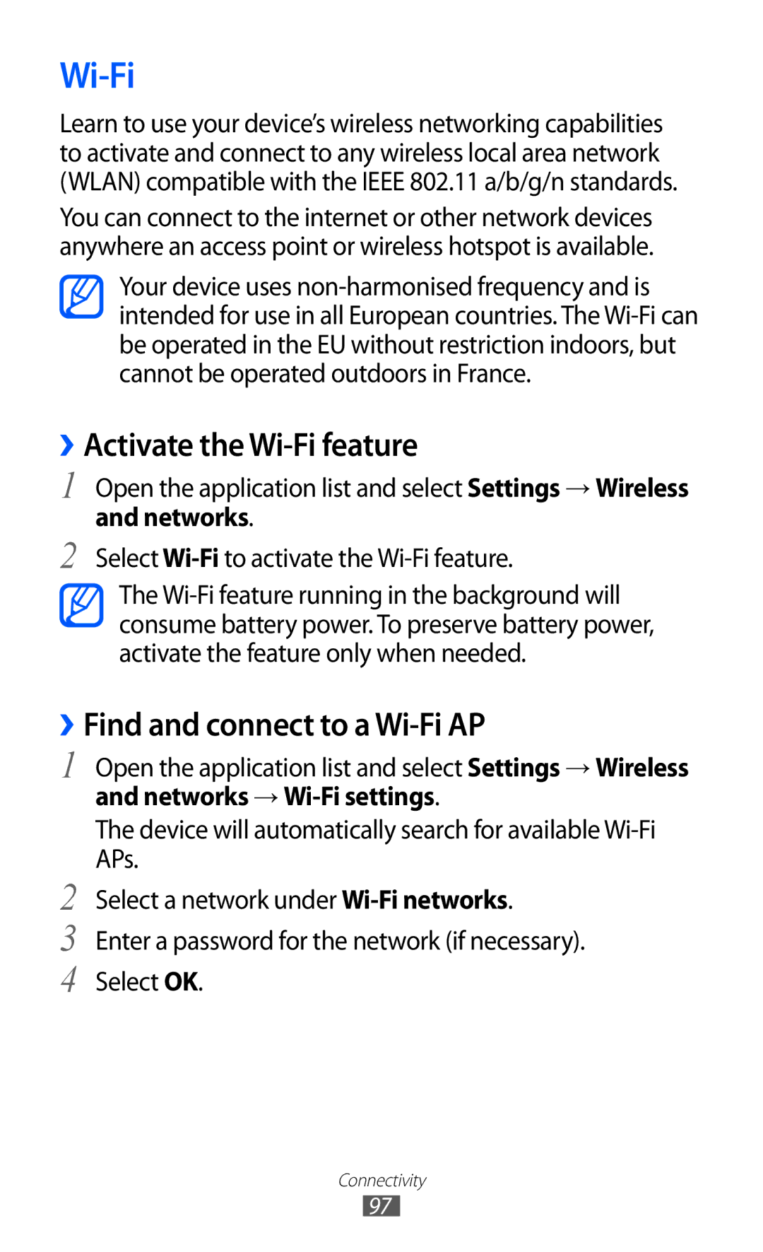 Samsung GT-P6800LSETHR manual ››Activate the Wi-Fi feature, ››Find and connect to a Wi-Fi AP, Networks → Wi-Fi settings 