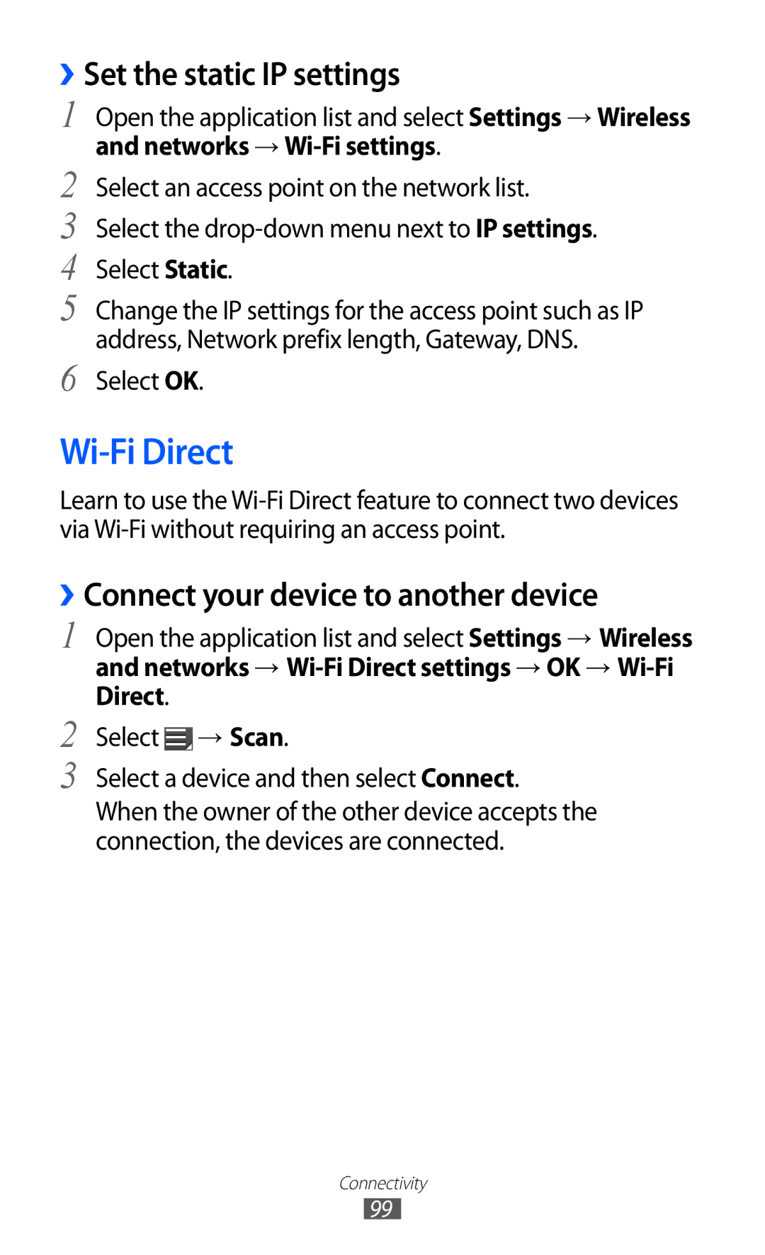 Samsung GT-P6800LSAKSA, GT-P6800LSAJED Wi-Fi Direct, ››Set the static IP settings, ››Connect your device to another device 