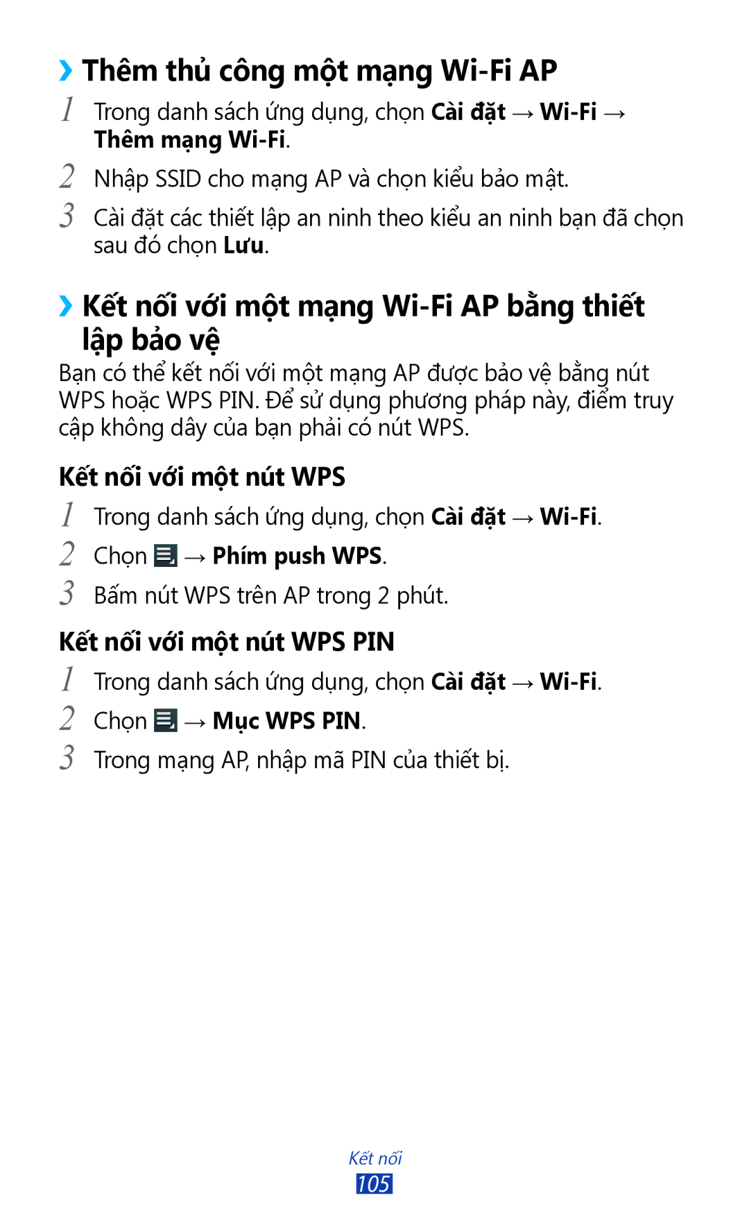 Samsung GT-P6800LSAXEV manual ››Thêm thủ công một mạng Wi-Fi AP, ››Kết nối với một mạng Wi-Fi AP bằng thiết lập bảo vệ 