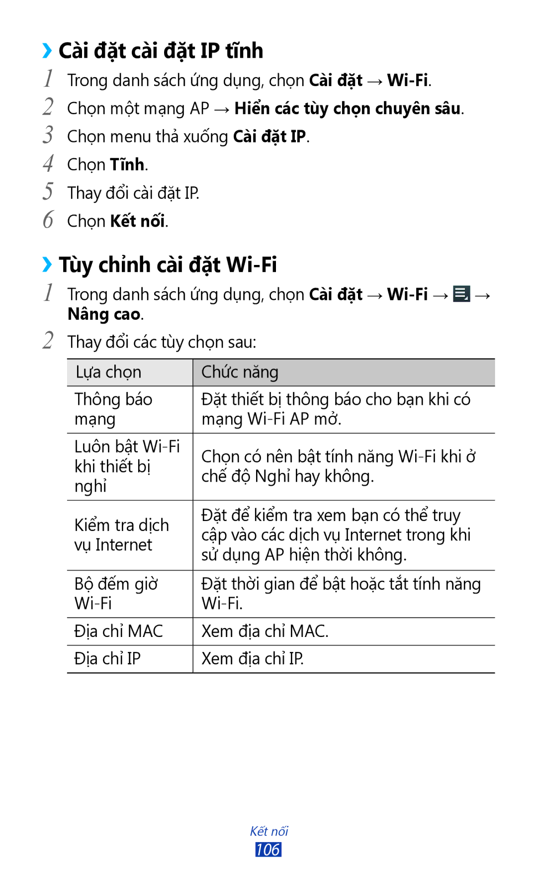 Samsung GT-P6800LSAXXV, GT-P6800LSAXEV manual ››Cài đặt cài đặt IP tĩnh, ››Tùy chỉnh cài đặt Wi-Fi 