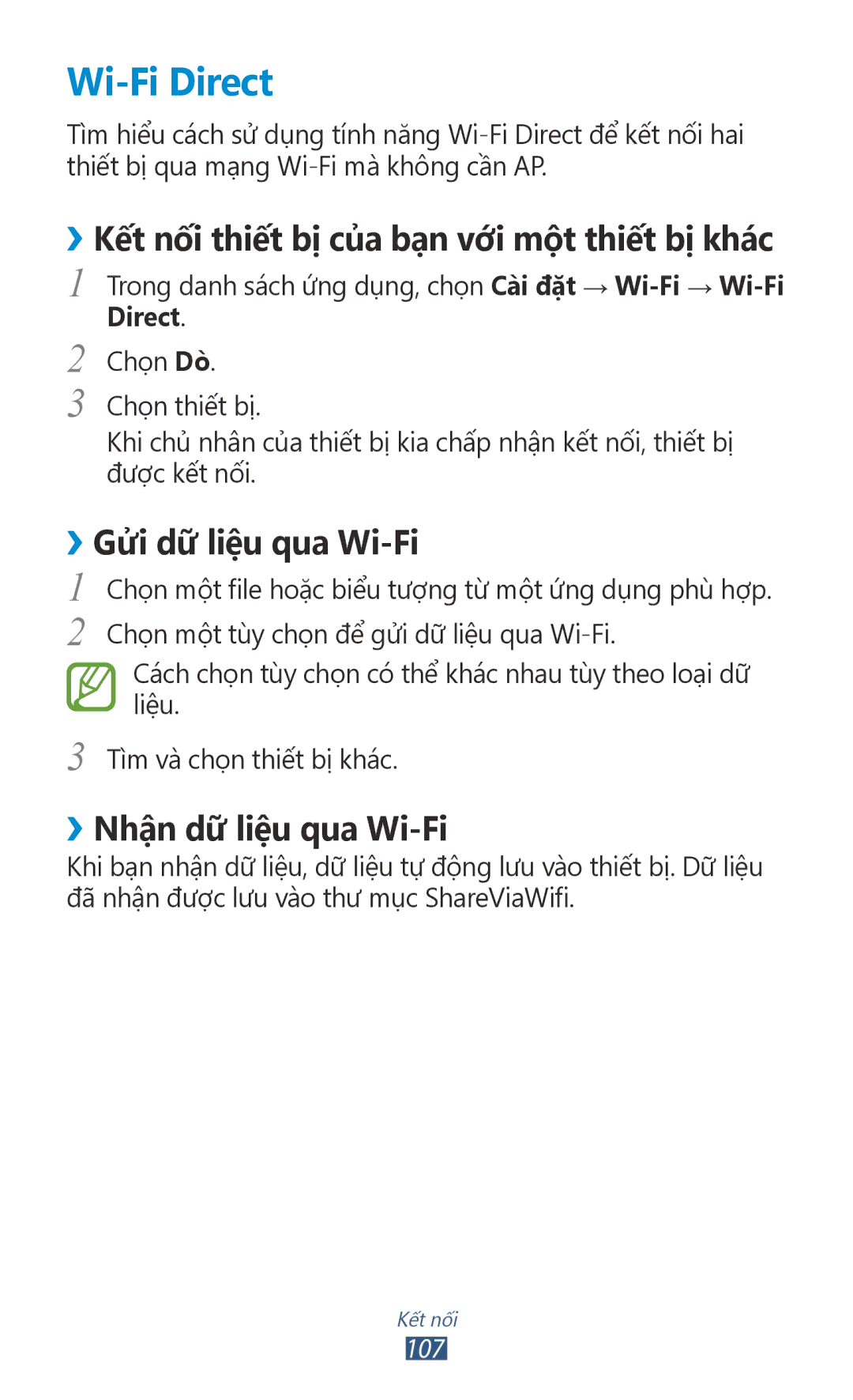 Samsung GT-P6800LSAXEV manual Wi-Fi Direct, ››Kết nối thiết bị của bạn với một thiết bị khác, ››Gửi dữ liệu qua Wi-Fi 