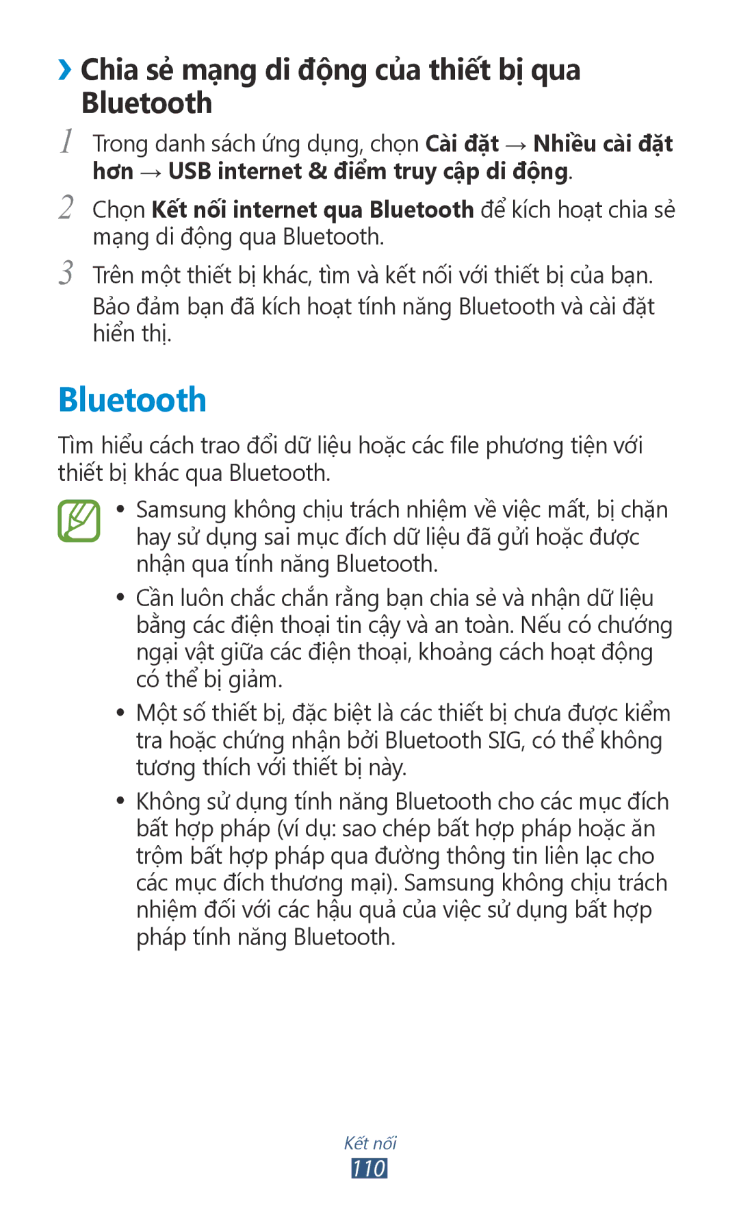 Samsung GT-P6800LSAXXV, GT-P6800LSAXEV manual ››Chia sẻ mạng di động của thiết bị qua Bluetooth 