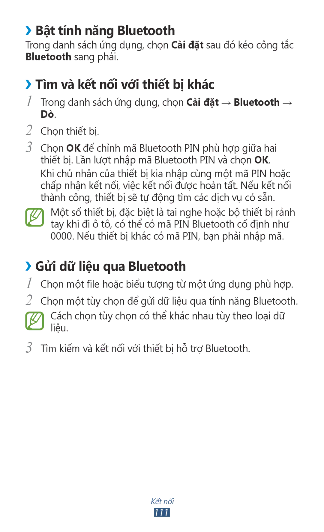 Samsung GT-P6800LSAXEV manual ››Bật tính năng Bluetooth, ››Tì̀m và kết nối với thiết bị khác, ››Gửi dữ liệu qua Bluetooth 