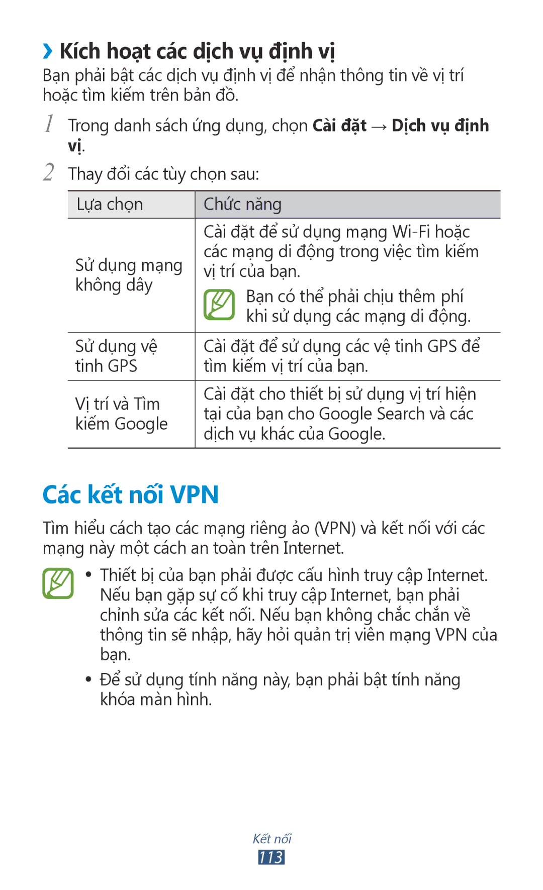 Samsung GT-P6800LSAXEV, GT-P6800LSAXXV manual Các kết nối VPN, ››Kích hoạt các dịch vụ định vị 