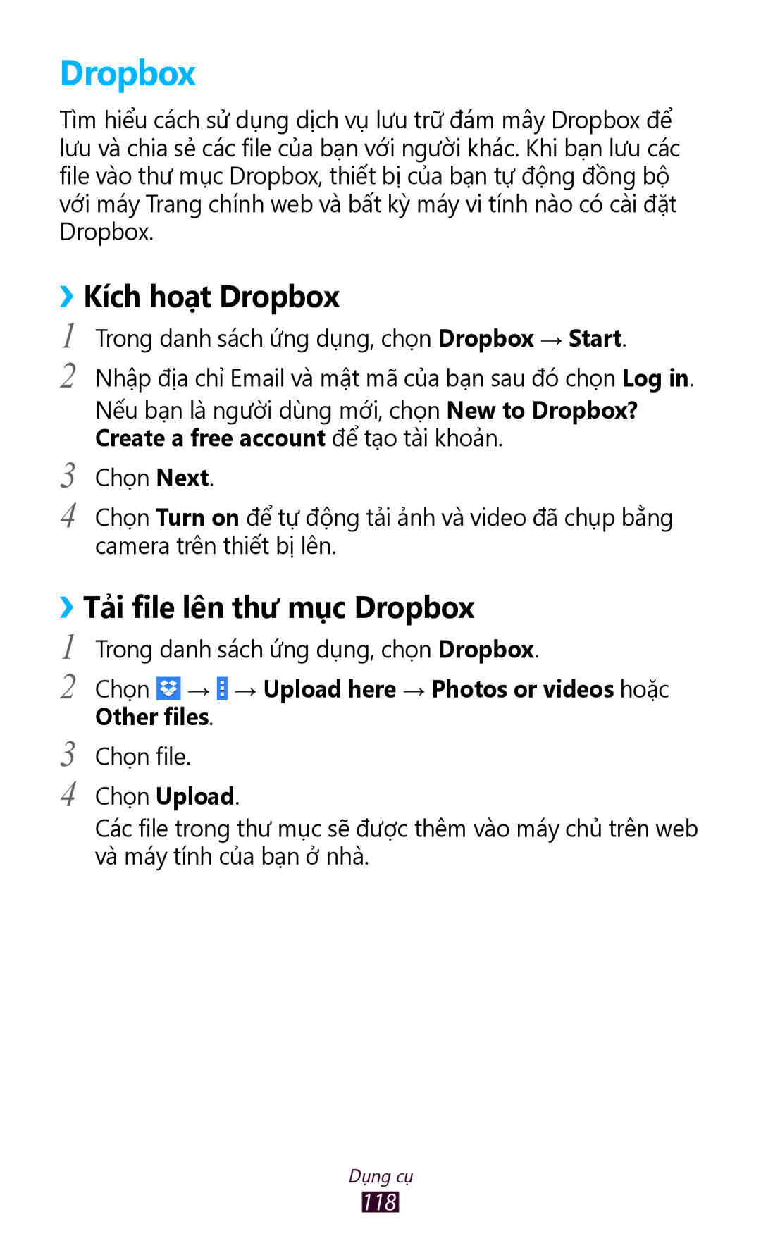 Samsung GT-P6800LSAXXV, GT-P6800LSAXEV manual ››Kích hoạt Dropbox, ››Tải file lên thư mục Dropbox 