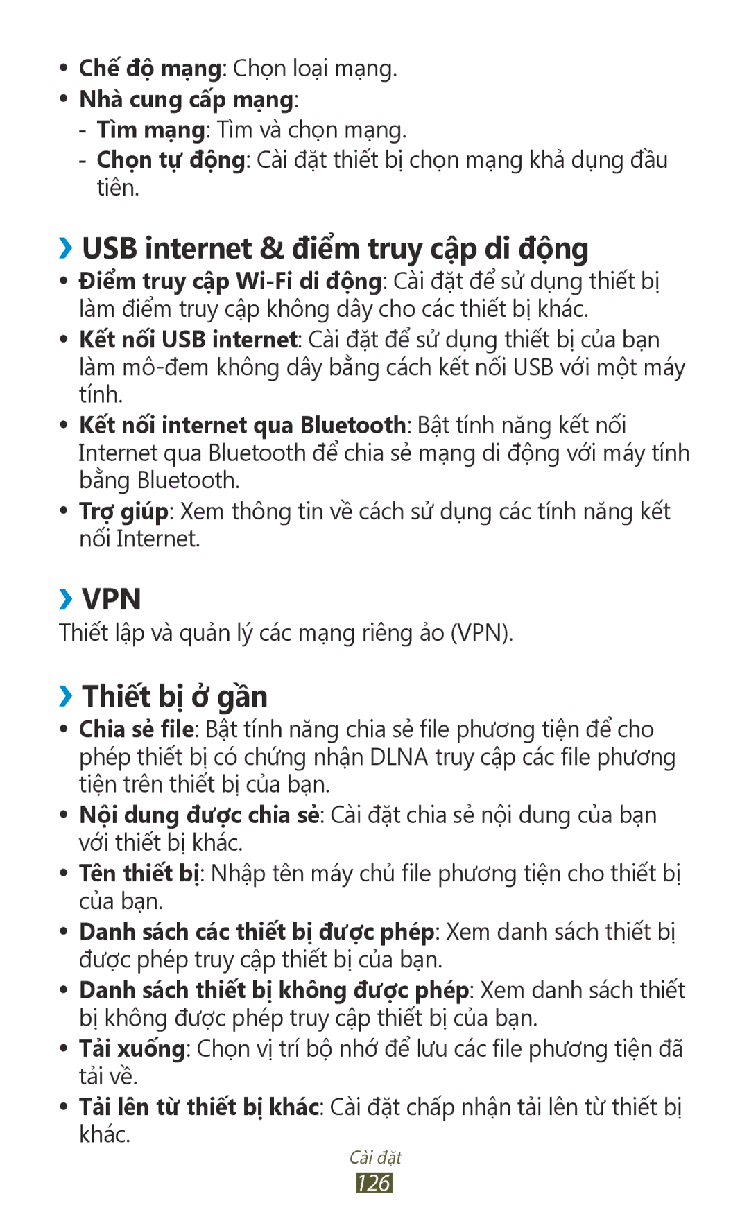 Samsung GT-P6800LSAXXV, GT-P6800LSAXEV manual ››USB internet & điểm truy cập di động, ››Thiết bị ở gần, Nhà cung cấp mạng 