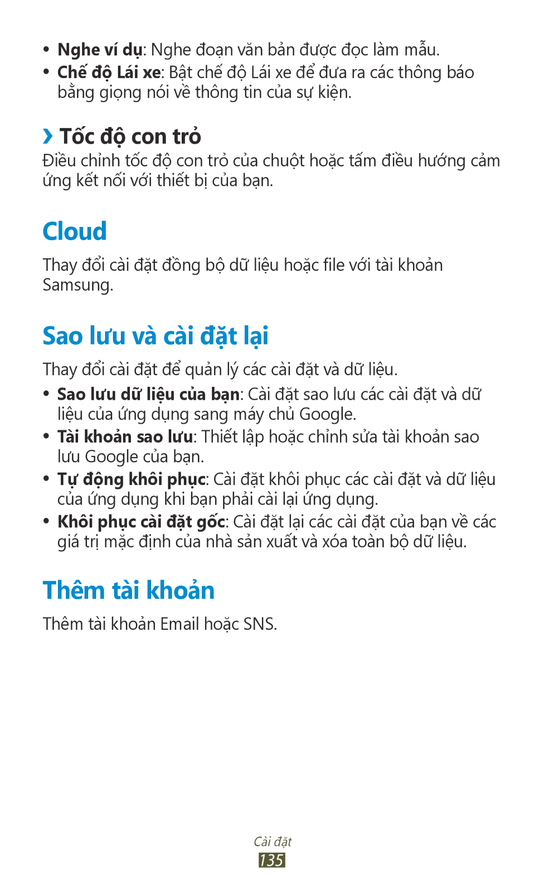 Samsung GT-P6800LSAXEV, GT-P6800LSAXXV manual Cloud, Sao lưu và cài đặt lại, Thêm tài khoản, ››Tốc độ con trỏ 