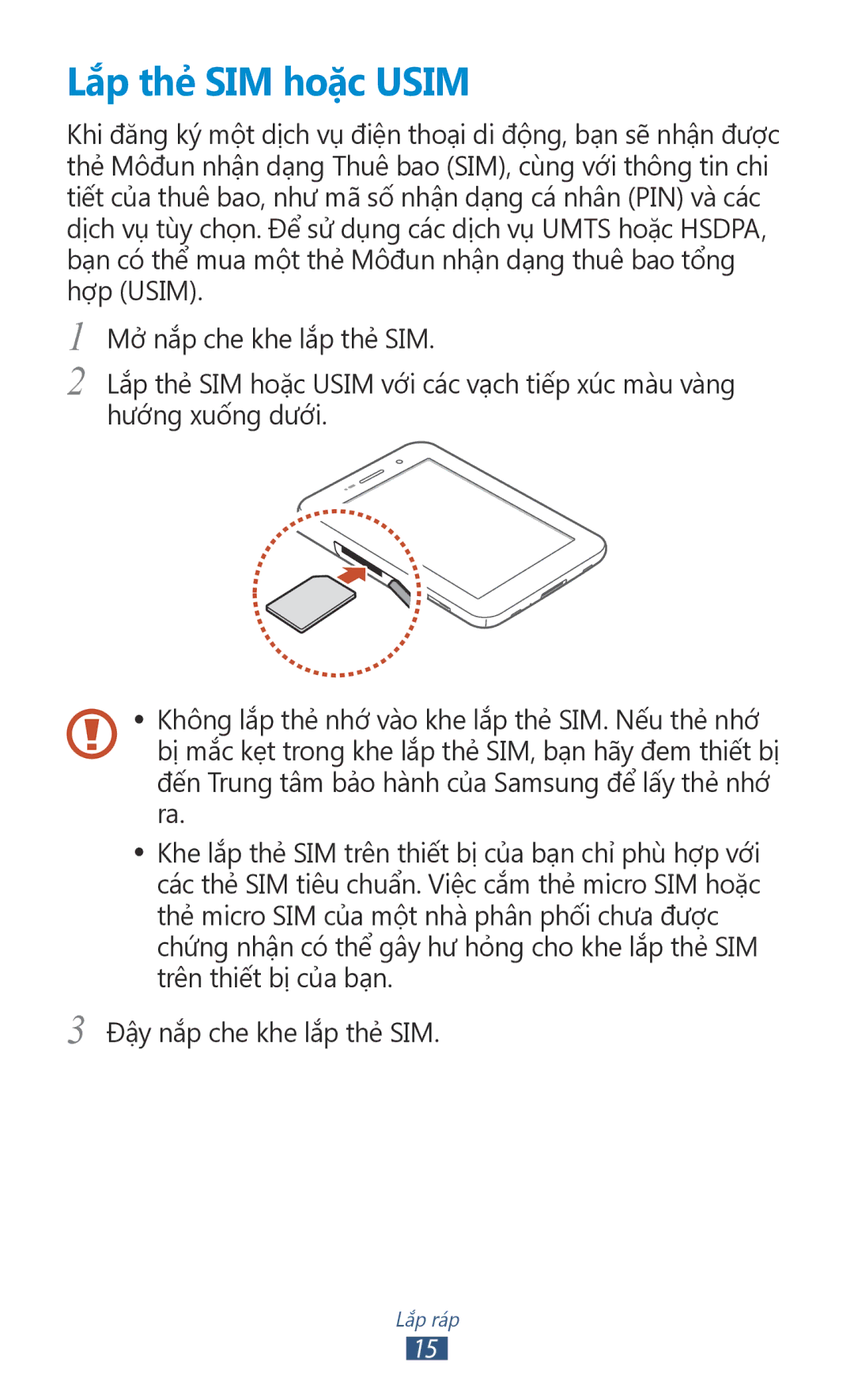 Samsung GT-P6800LSAXEV, GT-P6800LSAXXV manual Lắp thẻ SIM hoặc Usim 