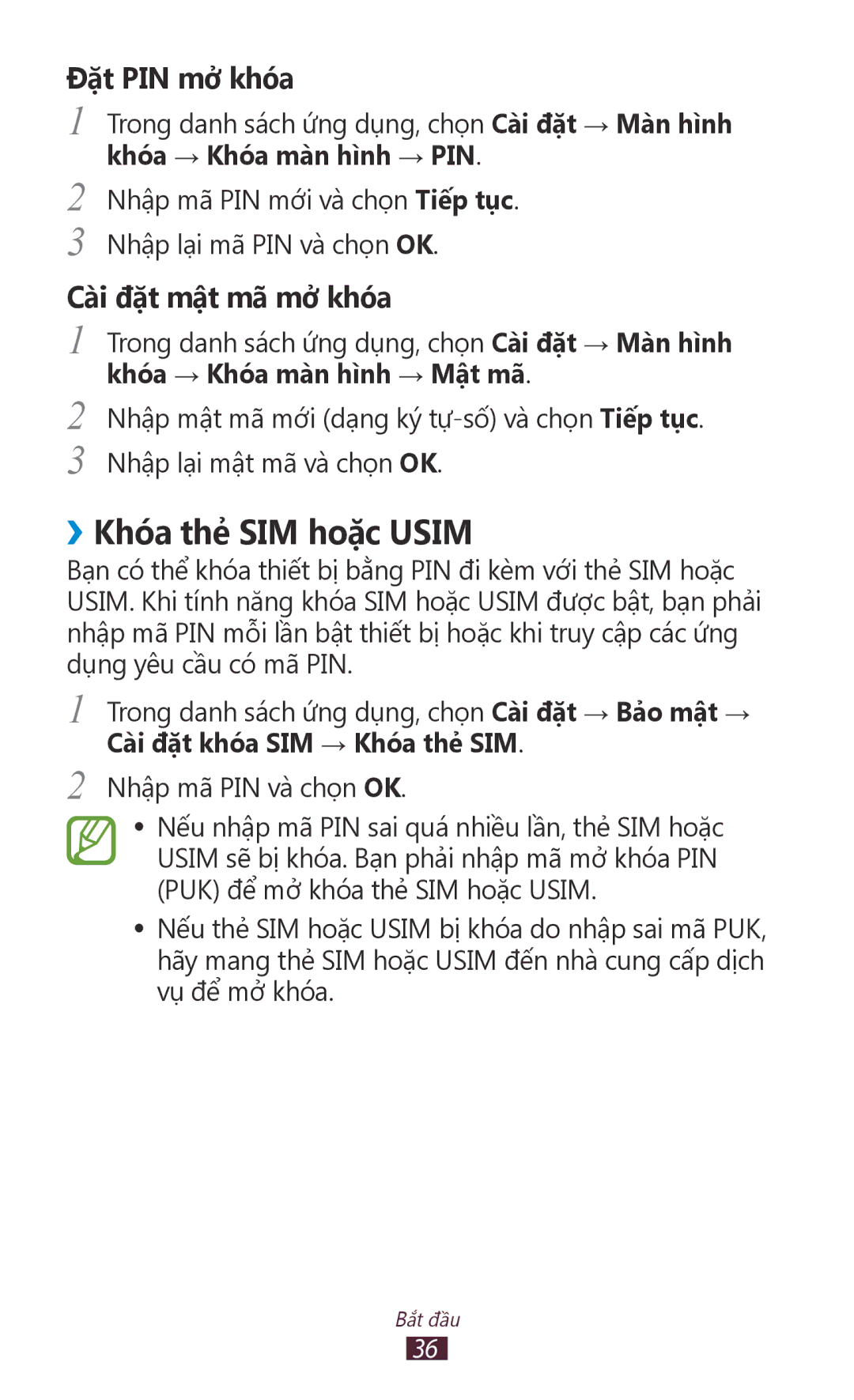 Samsung GT-P6800LSAXXV, GT-P6800LSAXEV manual ››Khóa thẻ SIM hoặc Usim, Đặt PIN mở khóa 