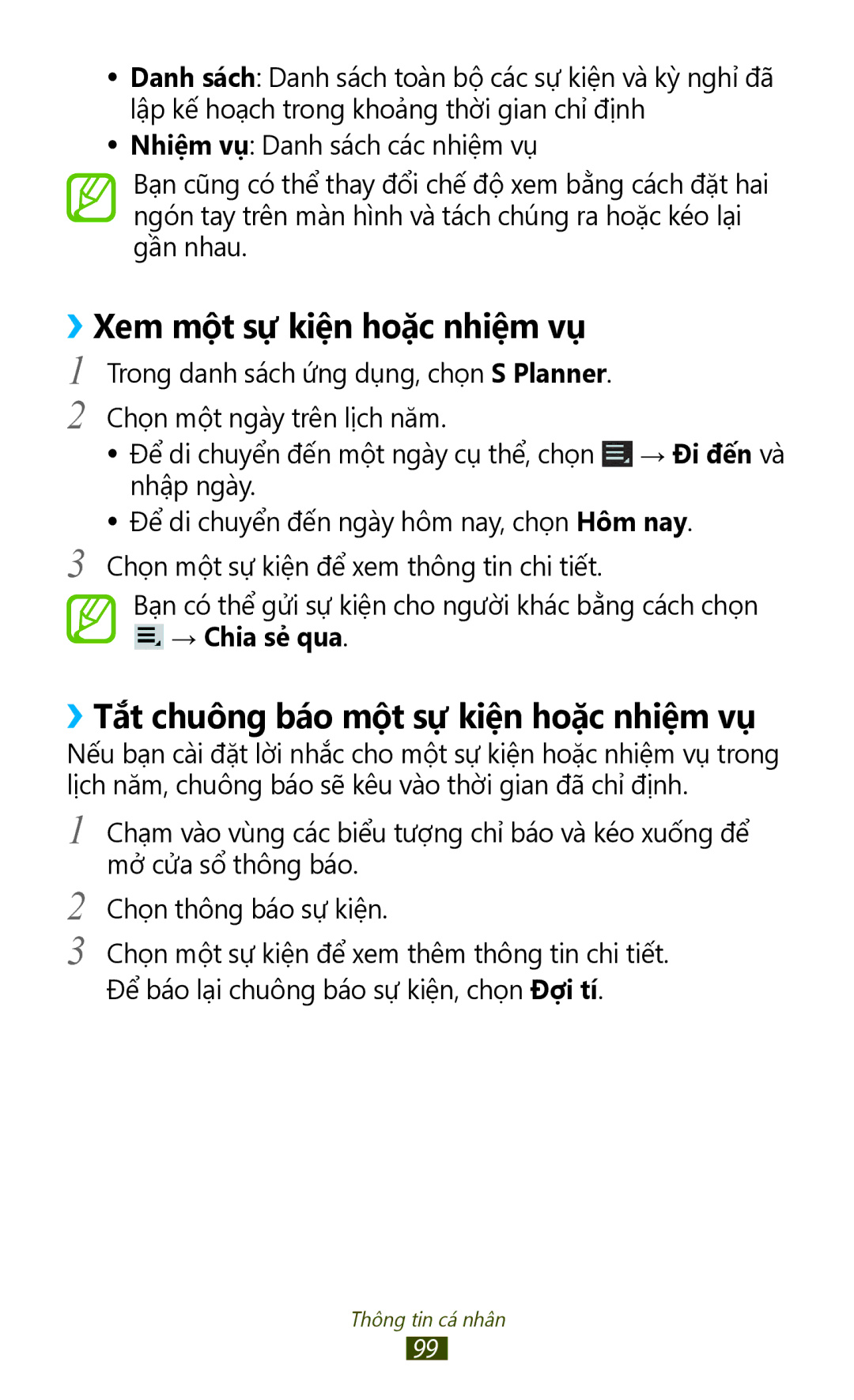 Samsung GT-P6800LSAXEV manual ››Xem một sự kiện hoặc nhiệm vụ, ››Tắt chuông báo một sự kiện hoặc nhiệm vụ, → Chia sẻ qua 